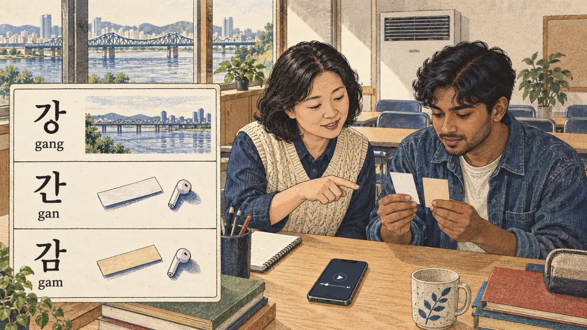 Learner and illustrated examples: 강, 간, 감, gang, gan, gam.