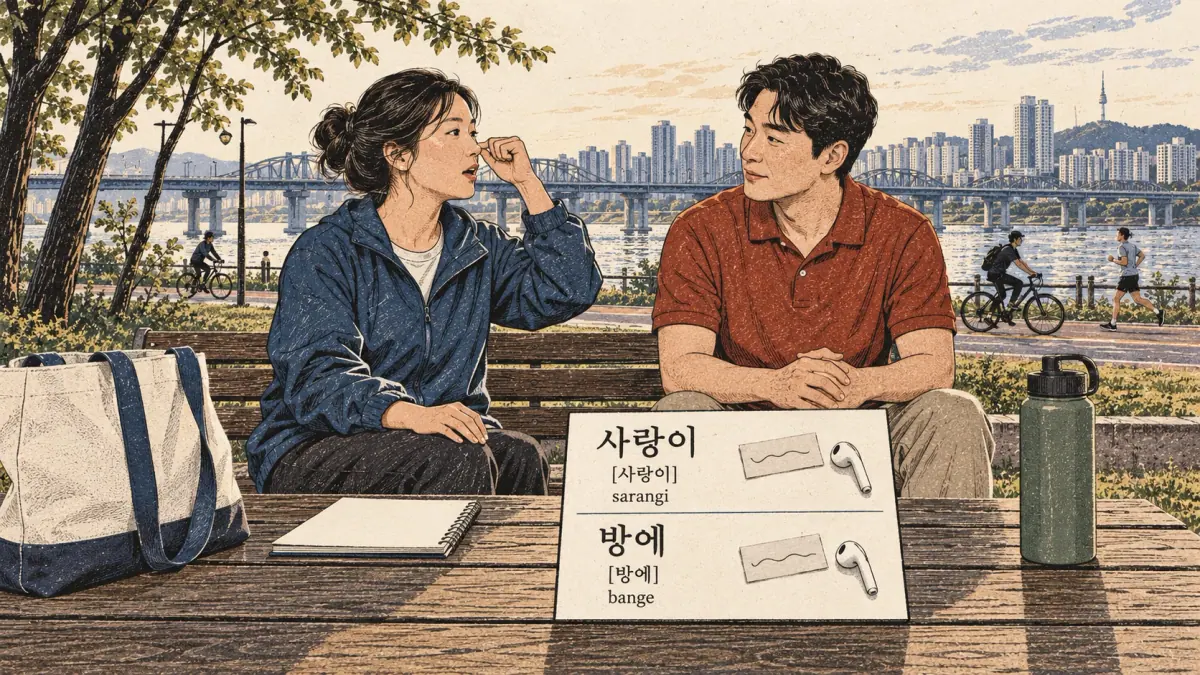 Illustrated pronunciation practice: 사랑이, 방에, sarangi, bange.
