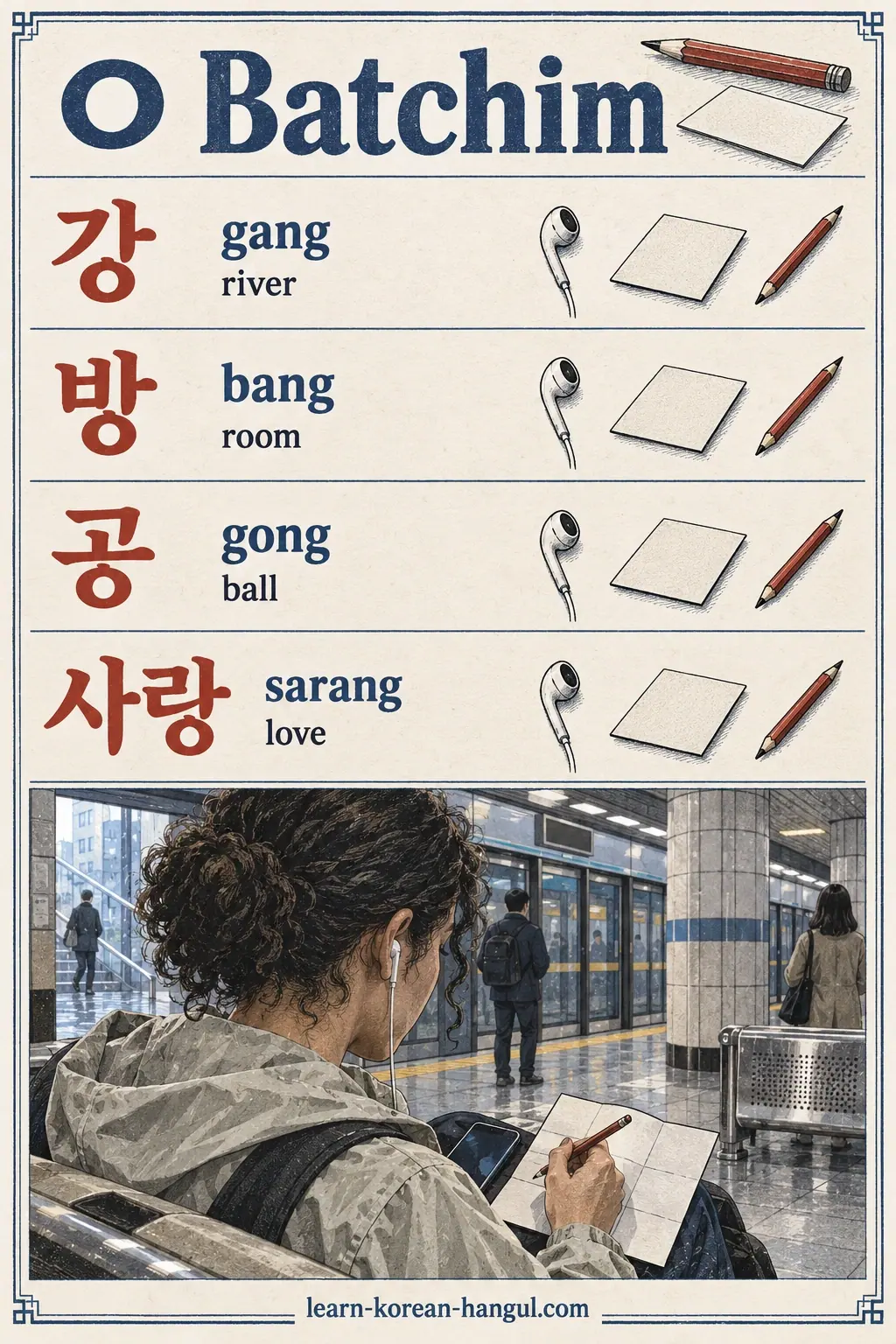Illustrated pronunciation practice: ㅇ, 강, 방, 공, 사랑.