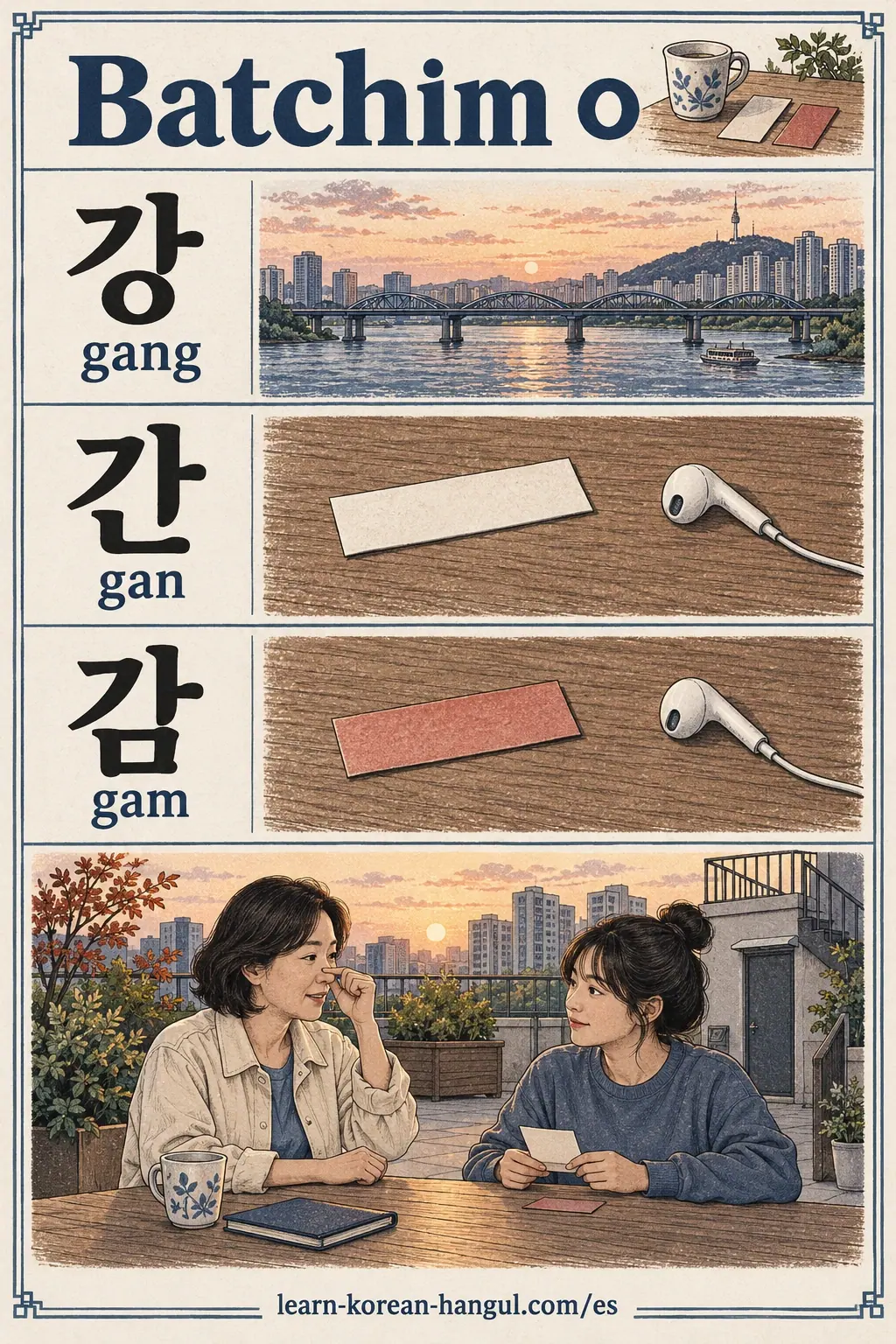 Práctica ilustrada de pronunciación: ㅇ, 강, 간, 감, gang, gan, gam.