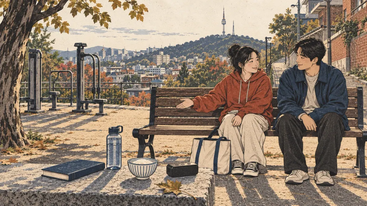 An adult learner listens and repeats with a Korean partner on a Seoul neighbourhood park bench.