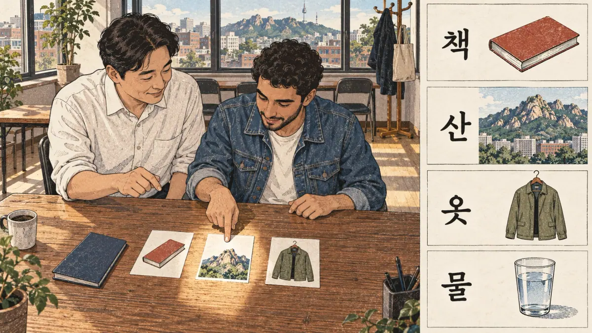 Illustrated pronunciation practice: 책, 산, 옷, 물.