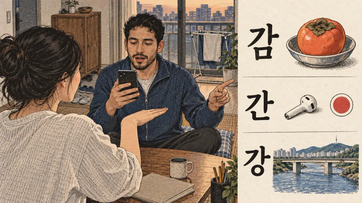 Illustrated pronunciation practice: 감, 간, 강.