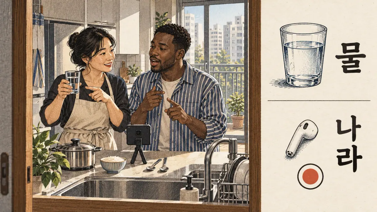 Illustrated pronunciation practice: 물, 나라.