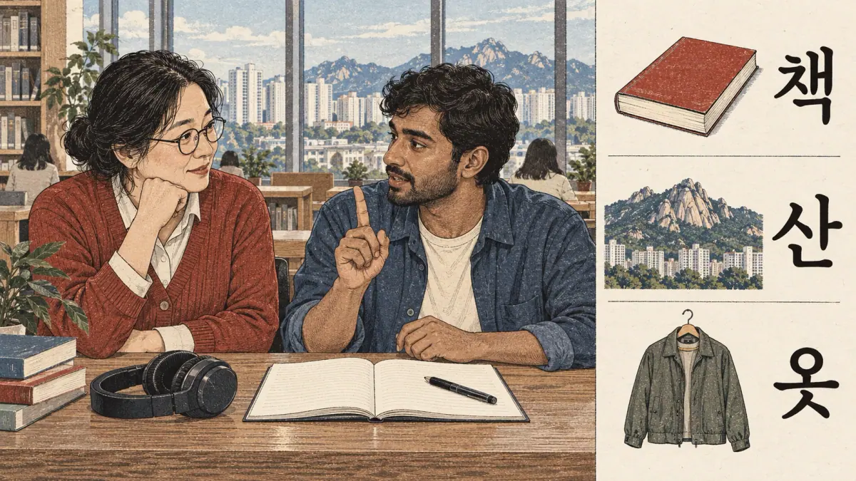 Illustrated pronunciation practice: 책, 산, 옷.