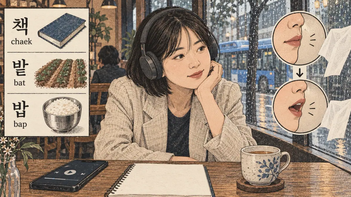 Illustrated pronunciation practice: 책, 밭, 밥, chaek, bat, bap.
