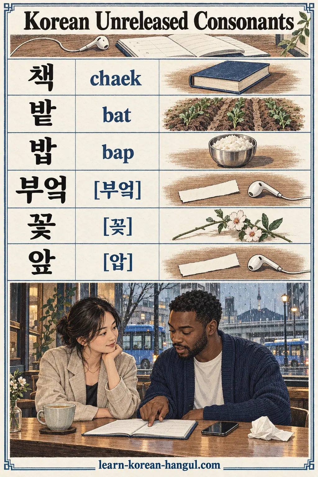 Illustrated pronunciation practice: 책, 밭, 밥, 부엌, 부억, 꽃, 꼳, 앞, 압, chaek, bat, bap.