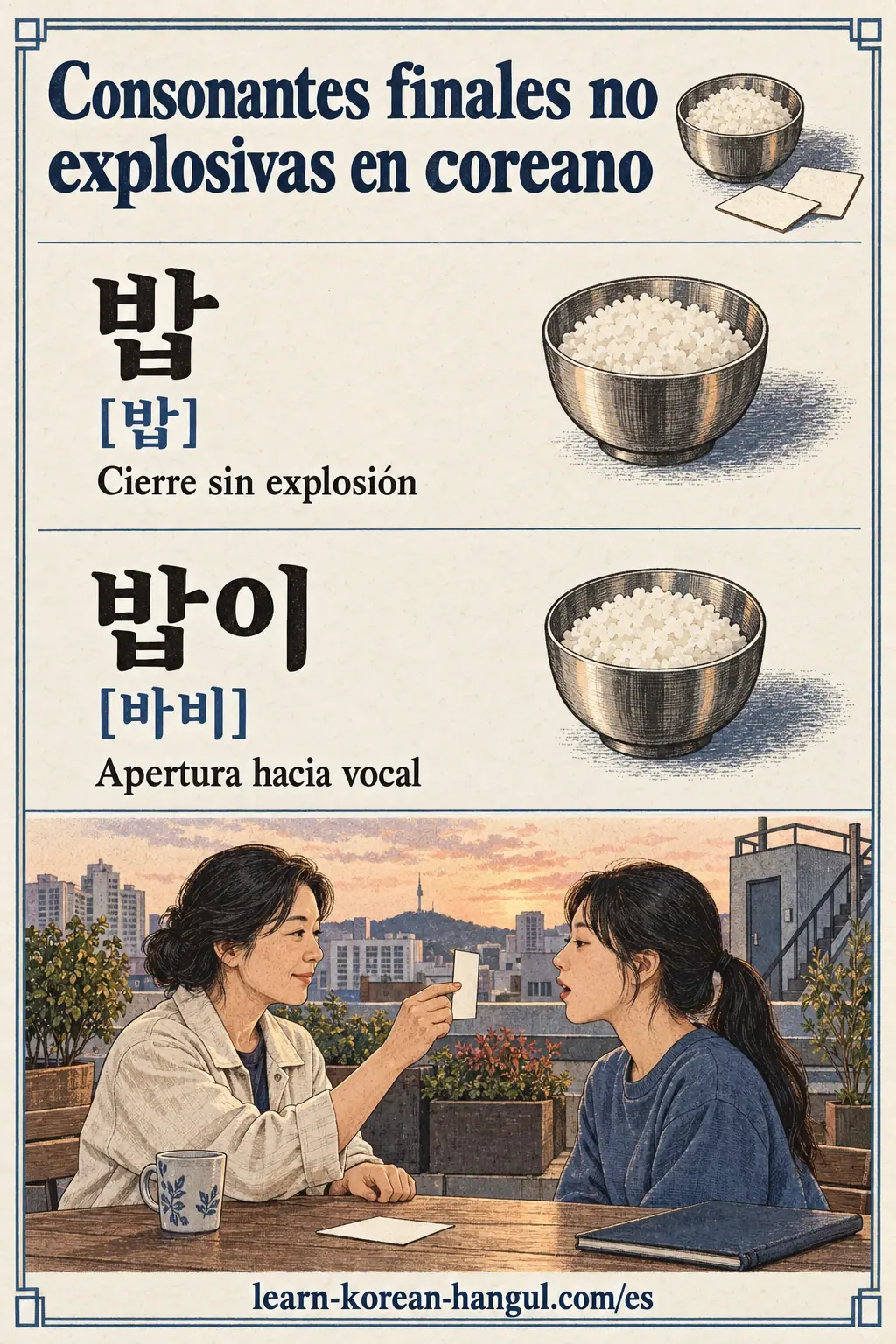 Práctica ilustrada de pronunciación: 밥, 밥이, 바비.
