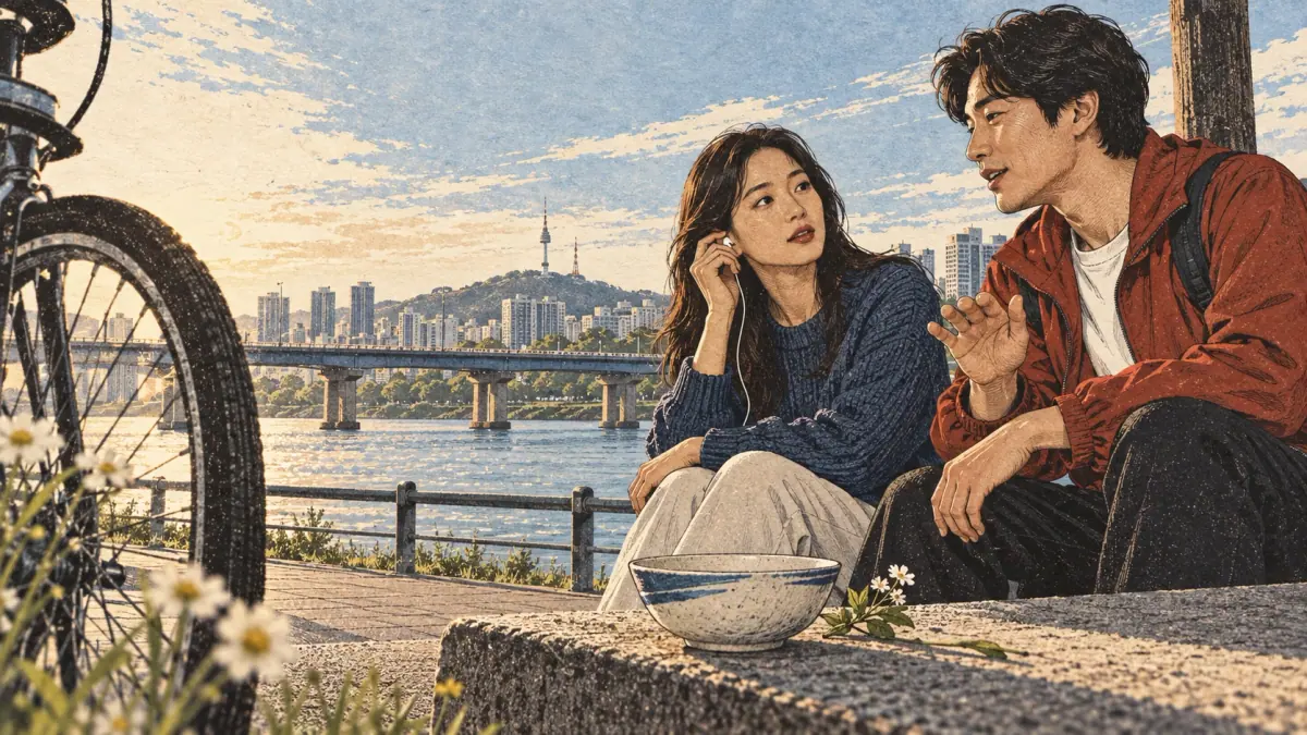 An adult learner listens and repeats with a Korean partner on a Han River path.
