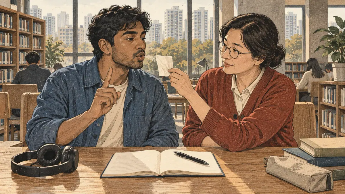 An adult learner listens and repeats with a Korean partner at a Seoul public-library desk.