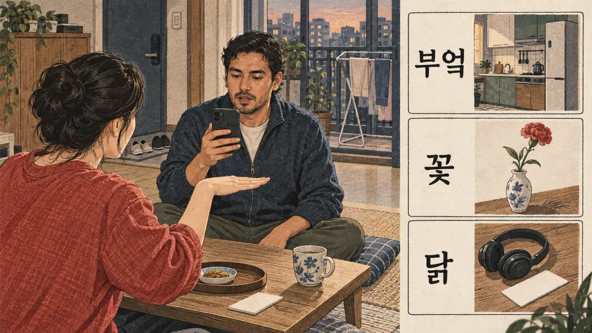Labelled examples: 부엌, 꽃, 닭