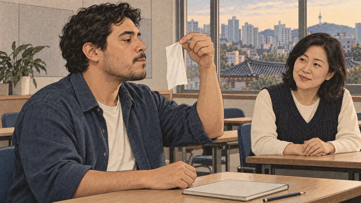 An adult learner holds a tissue near his closed lips to check an unreleased Korean final consonant.