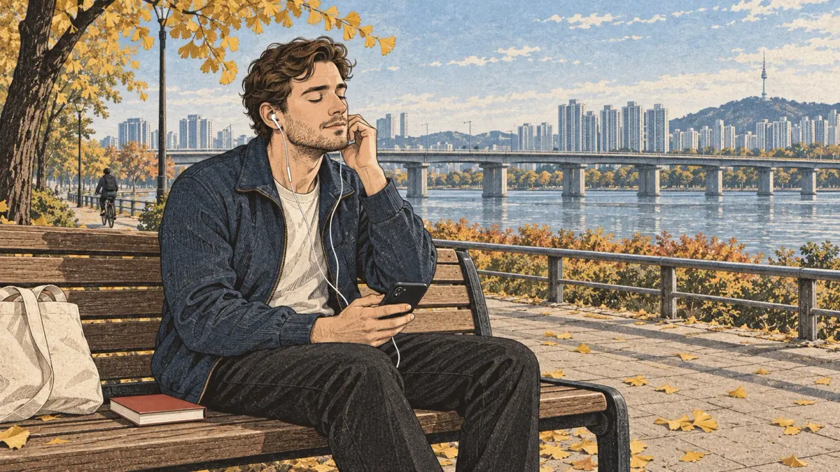 Learner setting aside a guidebook and listening closely to Korean audio on a Seoul riverside bench.