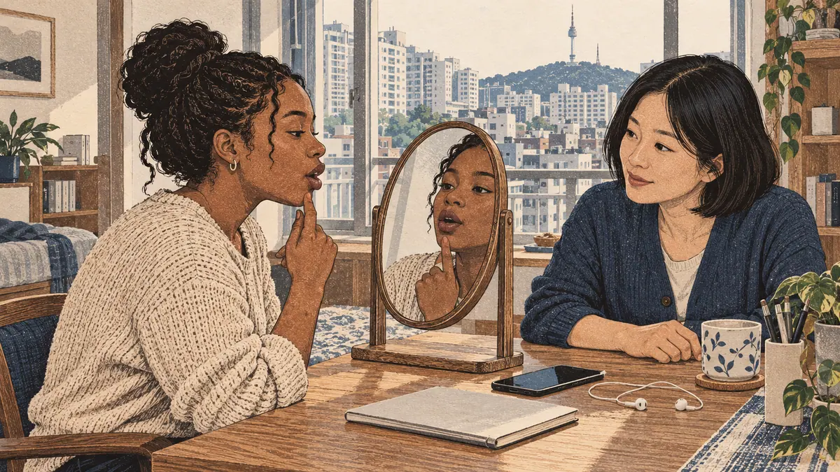 An adult learner practices Korean vowel lip shapes with a tabletop mirror and a tutor in a Seoul apartment.