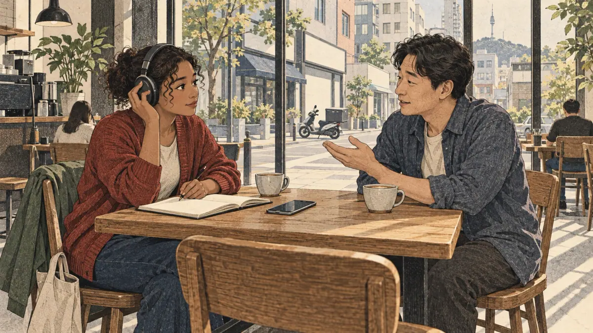 An adult learner and Korean tutor compare a pronunciation recording at a Seoul café.