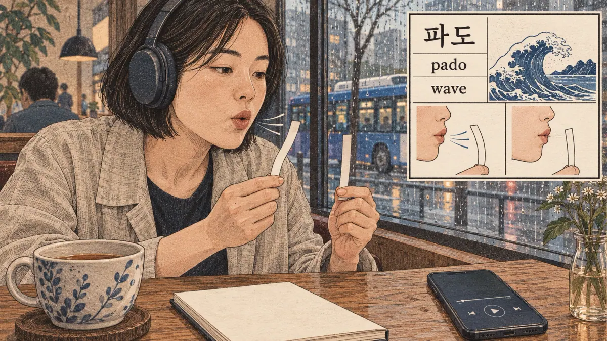 Illustrated pronunciation practice: 파도, pado, wave.