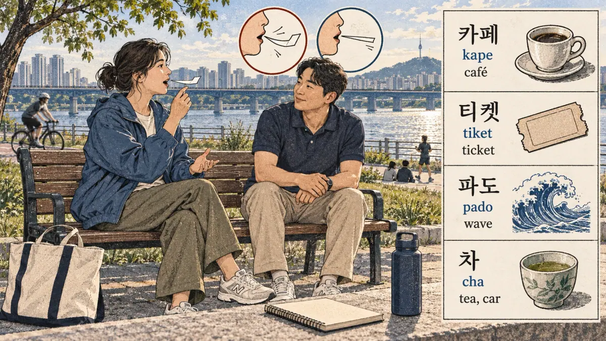 Illustrated pronunciation practice: 카페, 티켓, 파도, 차, kape, tiket, ticket, pado, wave, cha.