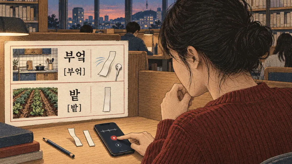 Illustrated pronunciation practice: 부엌, 부억, 밭, 받.