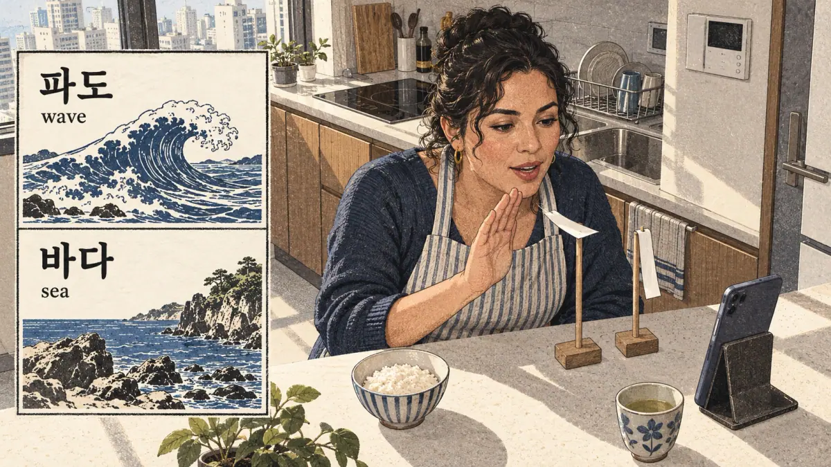 Illustrated pronunciation practice: 파도, 바다, wave, sea.