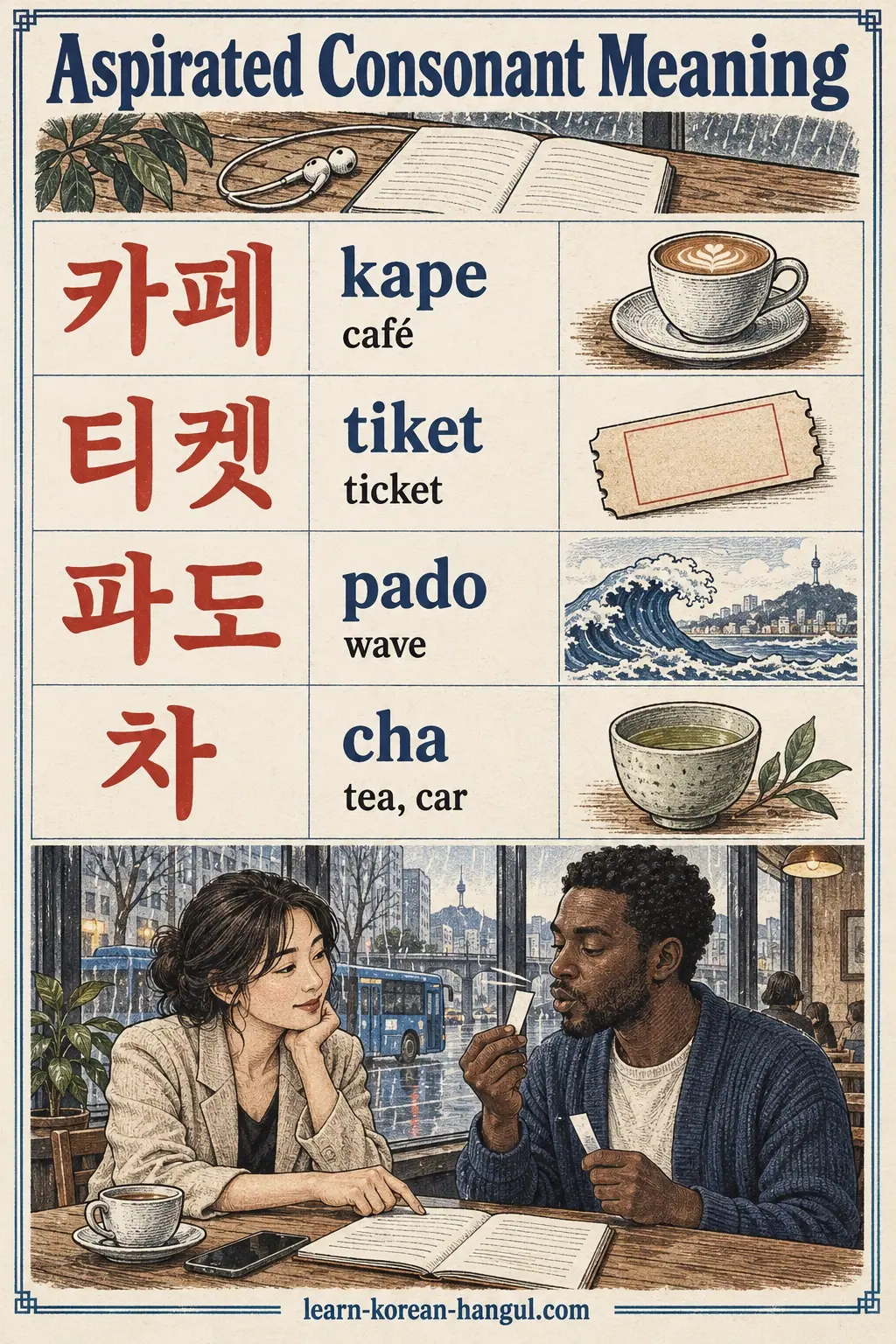 Illustrated pronunciation practice: 카페, 티켓, 파도, 차, kape, tiket, ticket, pado, wave, cha.