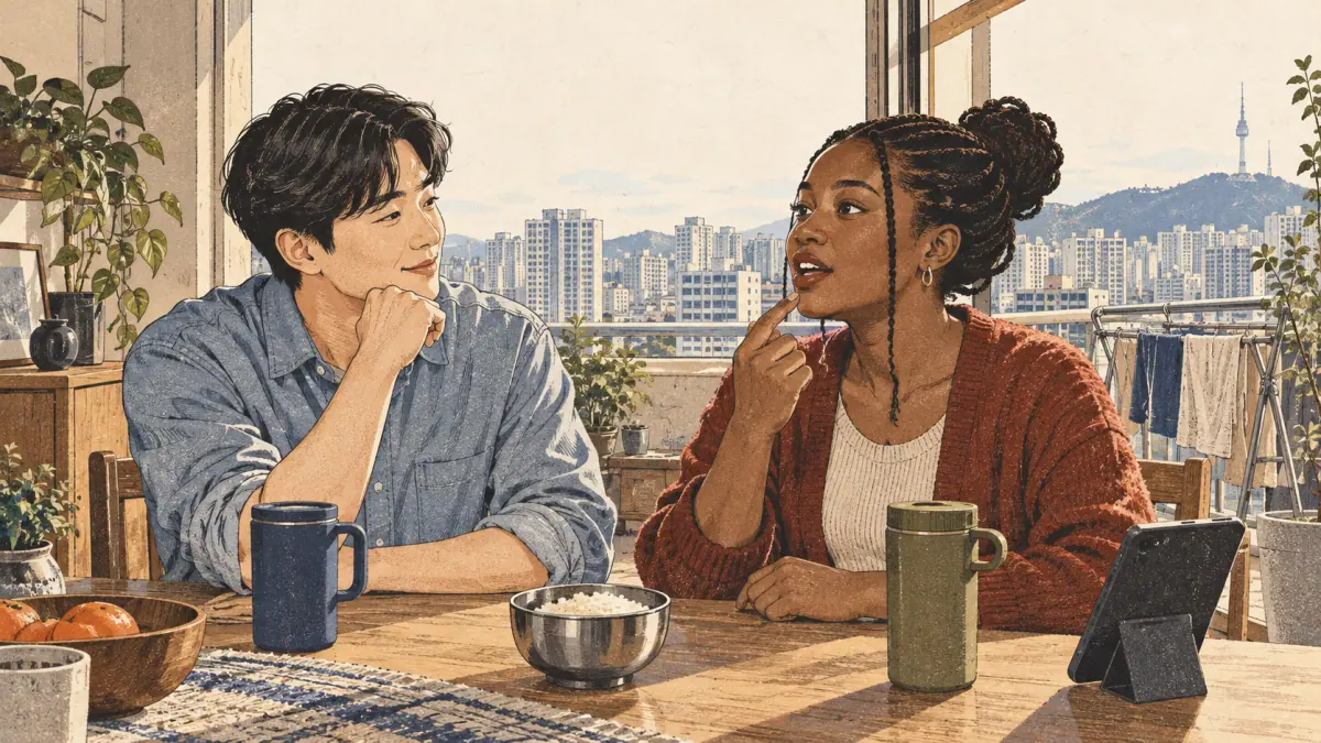 Adults practise Korean pronunciation with a tutor in contemporary Seoul.