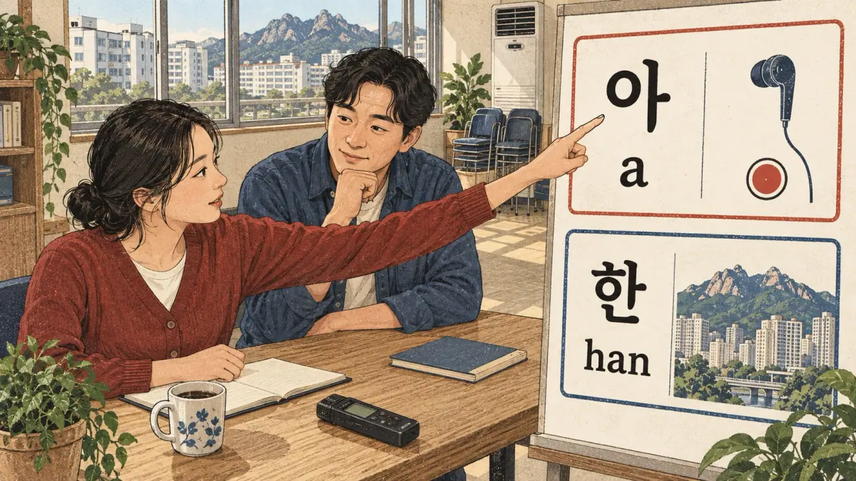 Illustrated pronunciation practice: 아 (a), 한 (han).