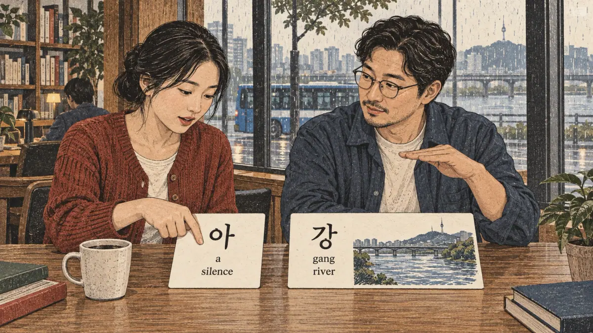 Illustrated pronunciation practice: 아 (a), 강 (gang).