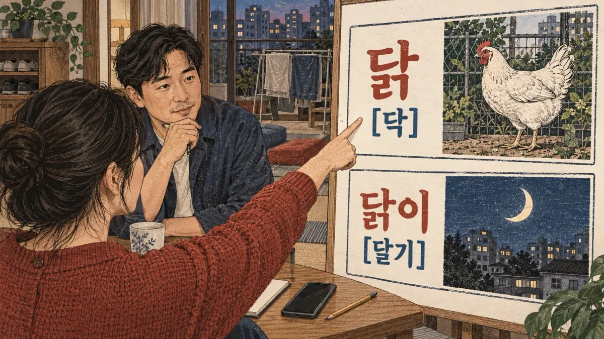 Illustrated pronunciation practice: 닭, 닭이.