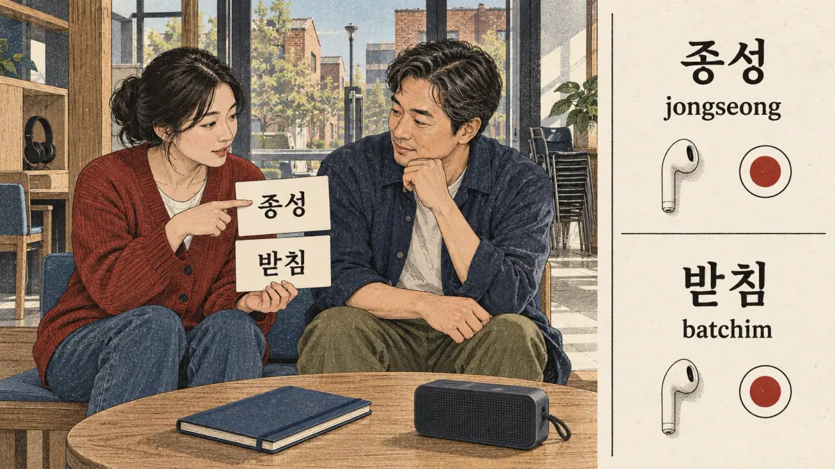 Illustrated pronunciation practice: 종성 (jongseong), 받침 (batchim).