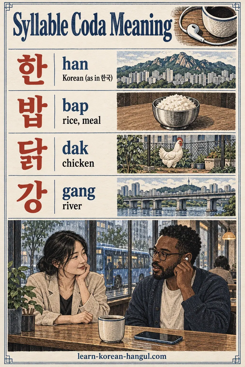 Illustrated pronunciation practice: 한 (han), 밥 (bap), 닭 (dak), 강 (gang).