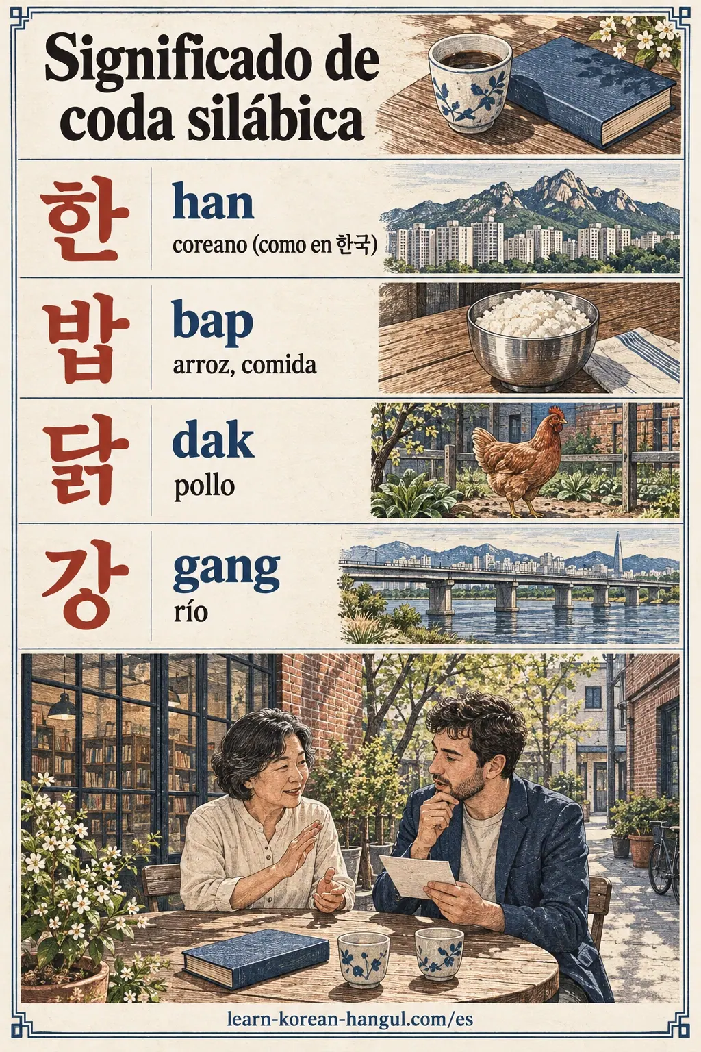 Práctica ilustrada de pronunciación: 한 (han), 밥 (bap), 닭 (dak), 강 (gang).