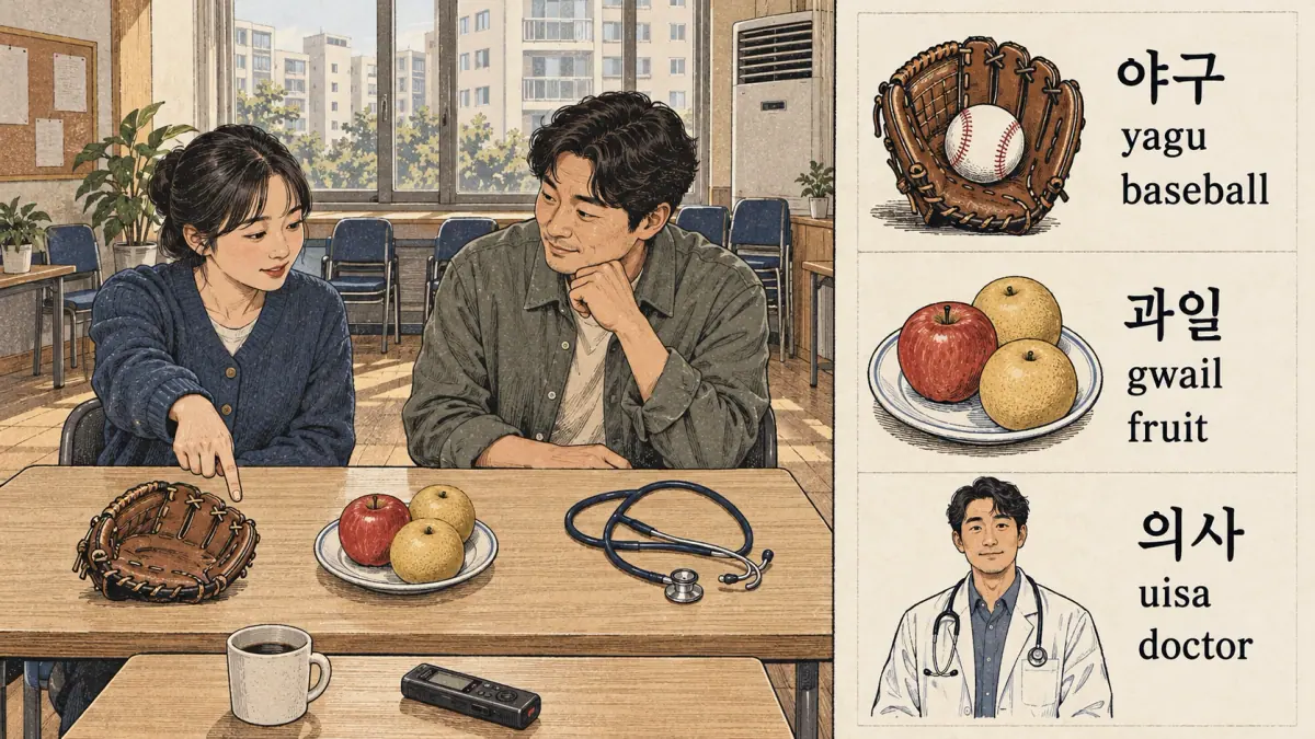 Illustrated pronunciation practice: 야구 (yagu), 과일 (gwail), 의사 (uisa).