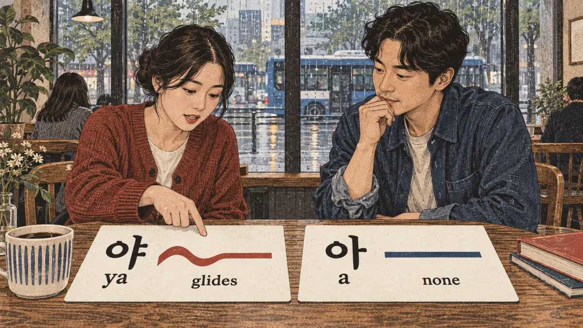 Illustrated pronunciation practice: 야 (ya), 아 (a).