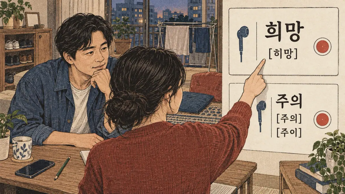 Illustrated pronunciation practice: 희망, 주의.