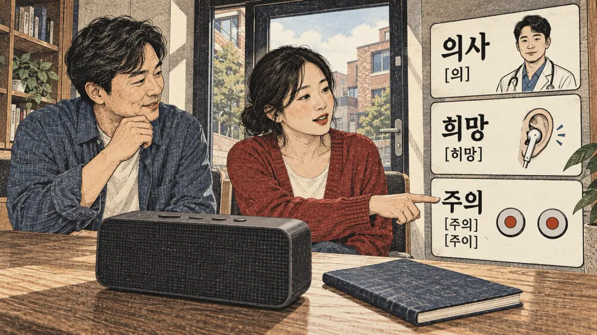 Illustrated pronunciation practice: 의사, 희망, 주의.