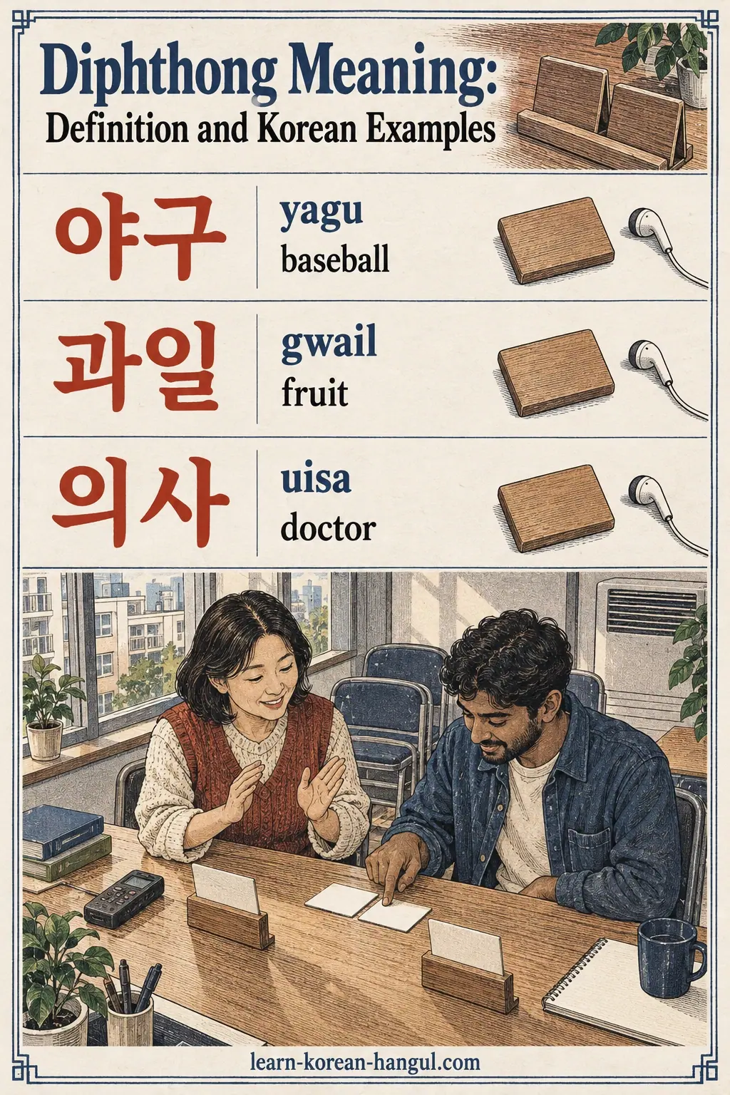 Illustrated pronunciation practice: 야구, 과일, 의사.