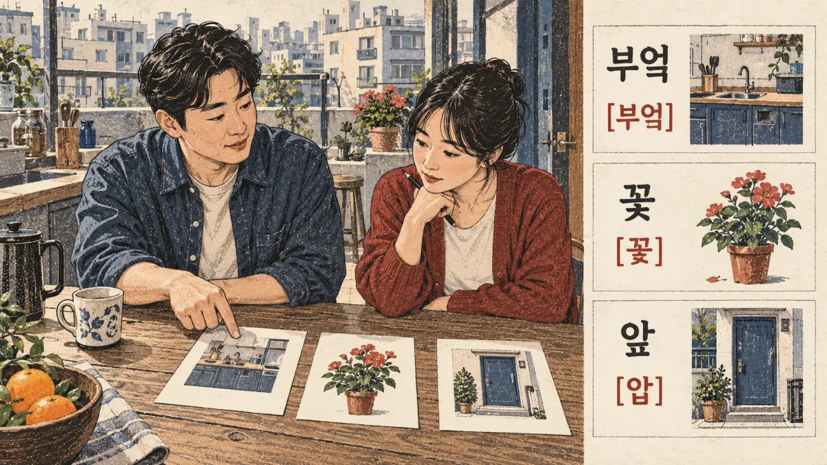 Korean pronunciation examples: 부엌 / [부억] / 꽃 / [꼳] / 앞 / [압].