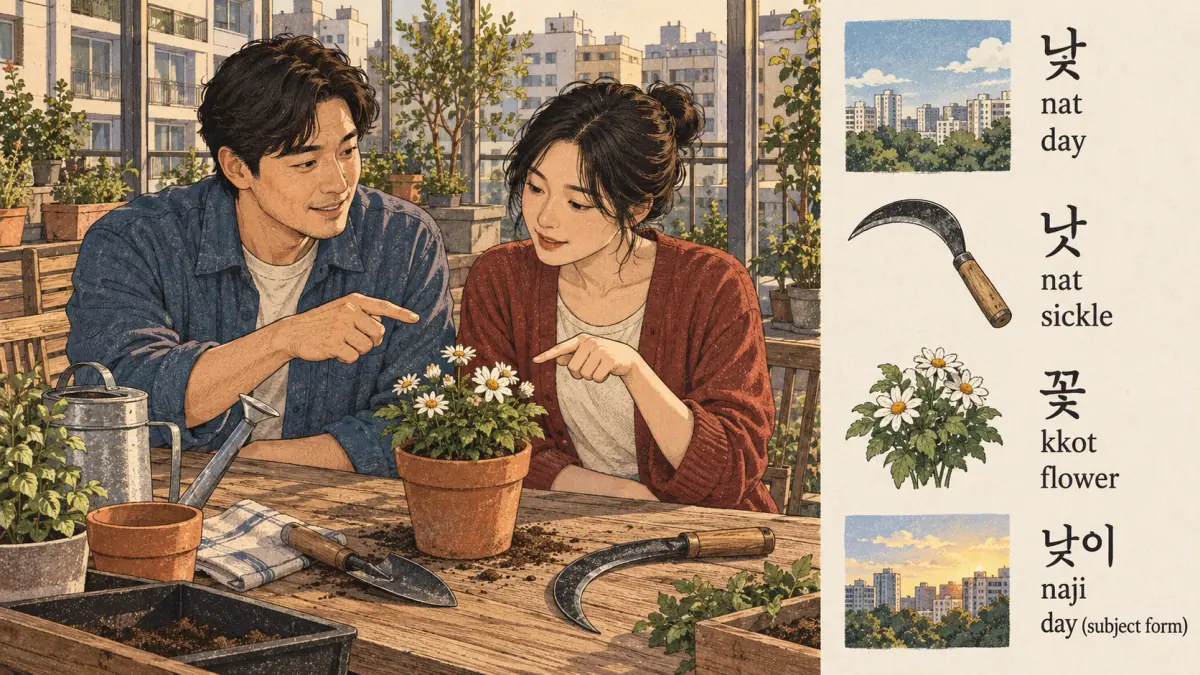 Korean pronunciation examples: 낮 / 낫 / 꽃 / 낮이 / nat / kkot / naji.