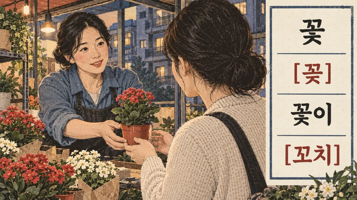 Korean pronunciation examples: 꽃 / [꼳] / 꽃이 / [꼬치].