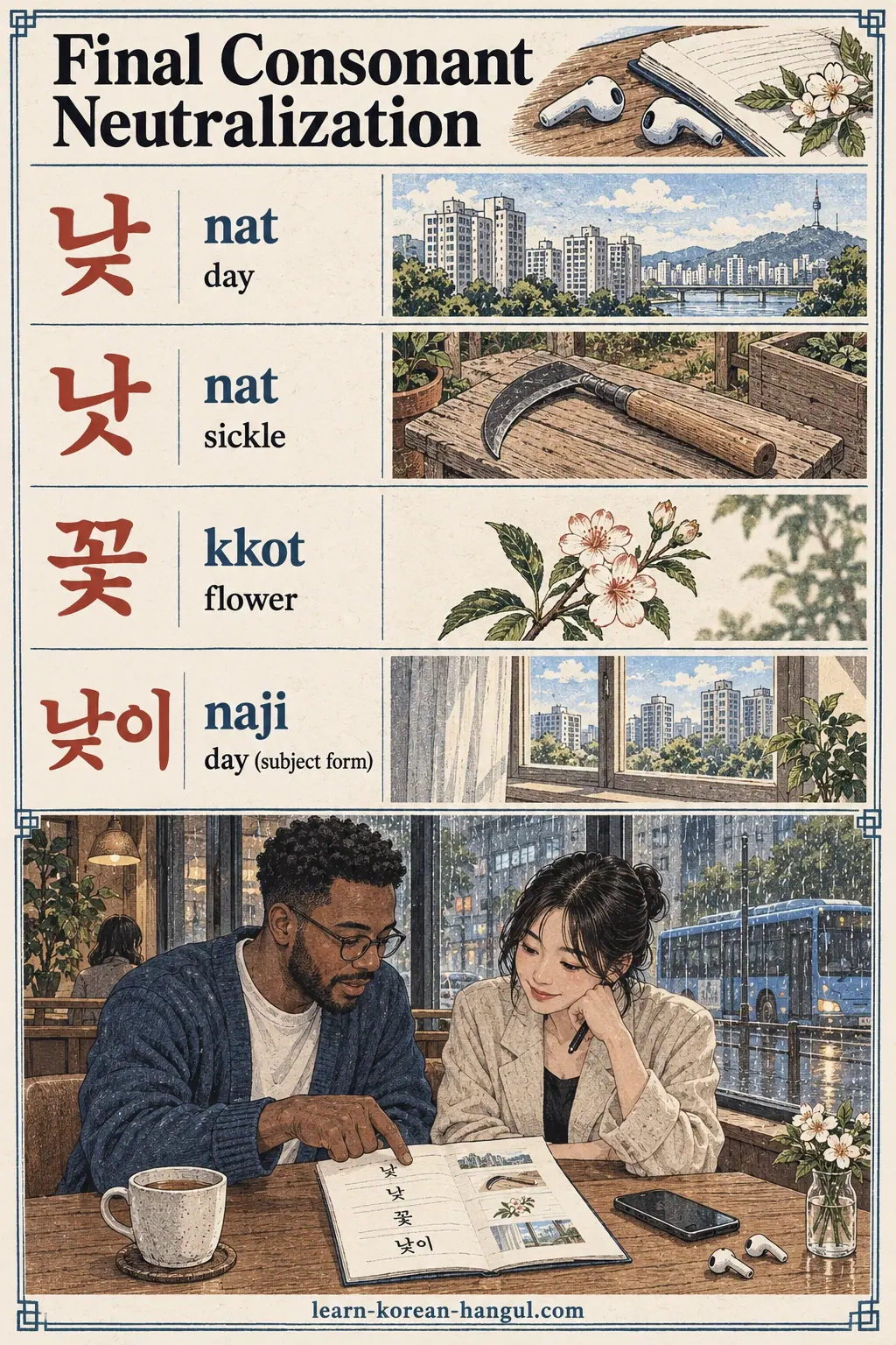 Korean pronunciation examples: 낮 / 낫 / 꽃 / 낮이 / nat / kkot / naji.
