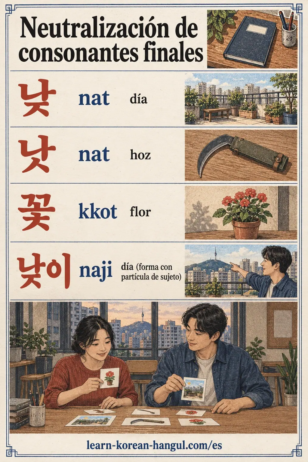 Ejemplos de pronunciación coreana: 낮 / 낫 / 꽃 / 낮이 / nat / kkot / naji.
