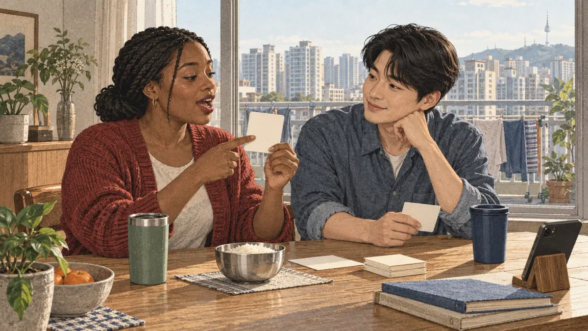 Adults practise Korean pronunciation with a tutor in contemporary Seoul.