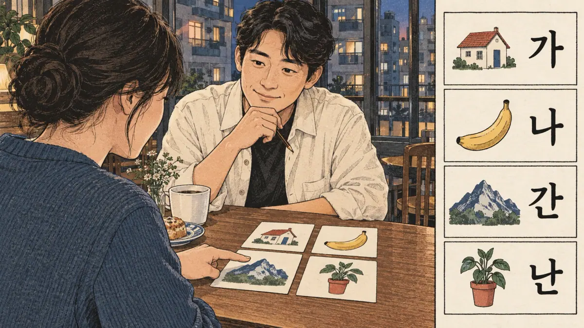 Korean pronunciation examples: 가 / 나 / 간 / 난.
