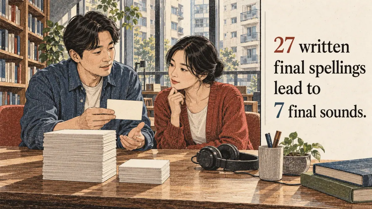 Adults practise Korean pronunciation with a tutor in contemporary Seoul.