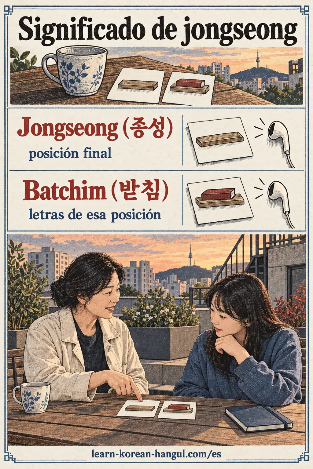 Ejemplos de pronunciación coreana: Jongseong (종성) / Batchim (받침).