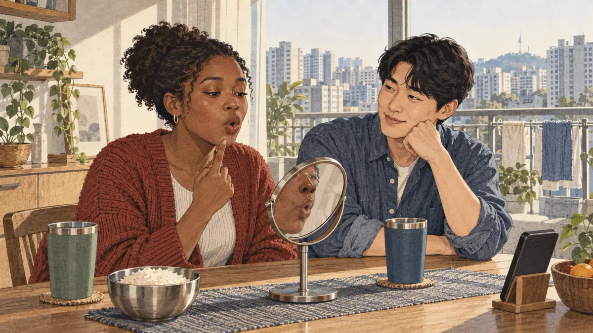 Adults practise Korean pronunciation with a tutor in contemporary Seoul.
