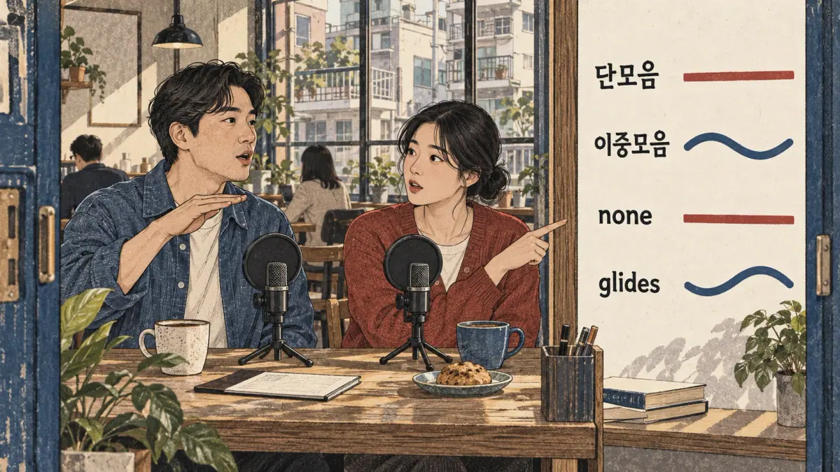 Korean pronunciation examples: 단모음 / 이중모음.