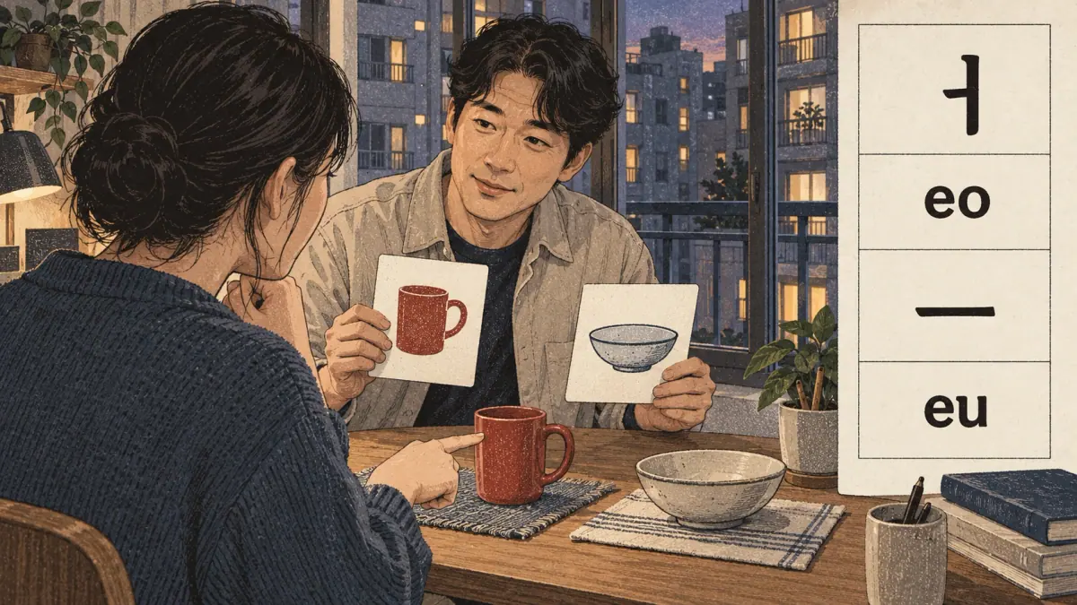 Adults practise Korean pronunciation with a tutor in contemporary Seoul.