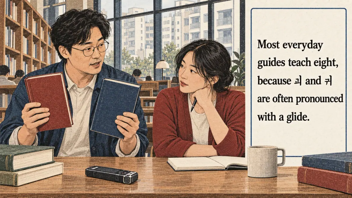 Adults practise Korean pronunciation with a tutor in contemporary Seoul.