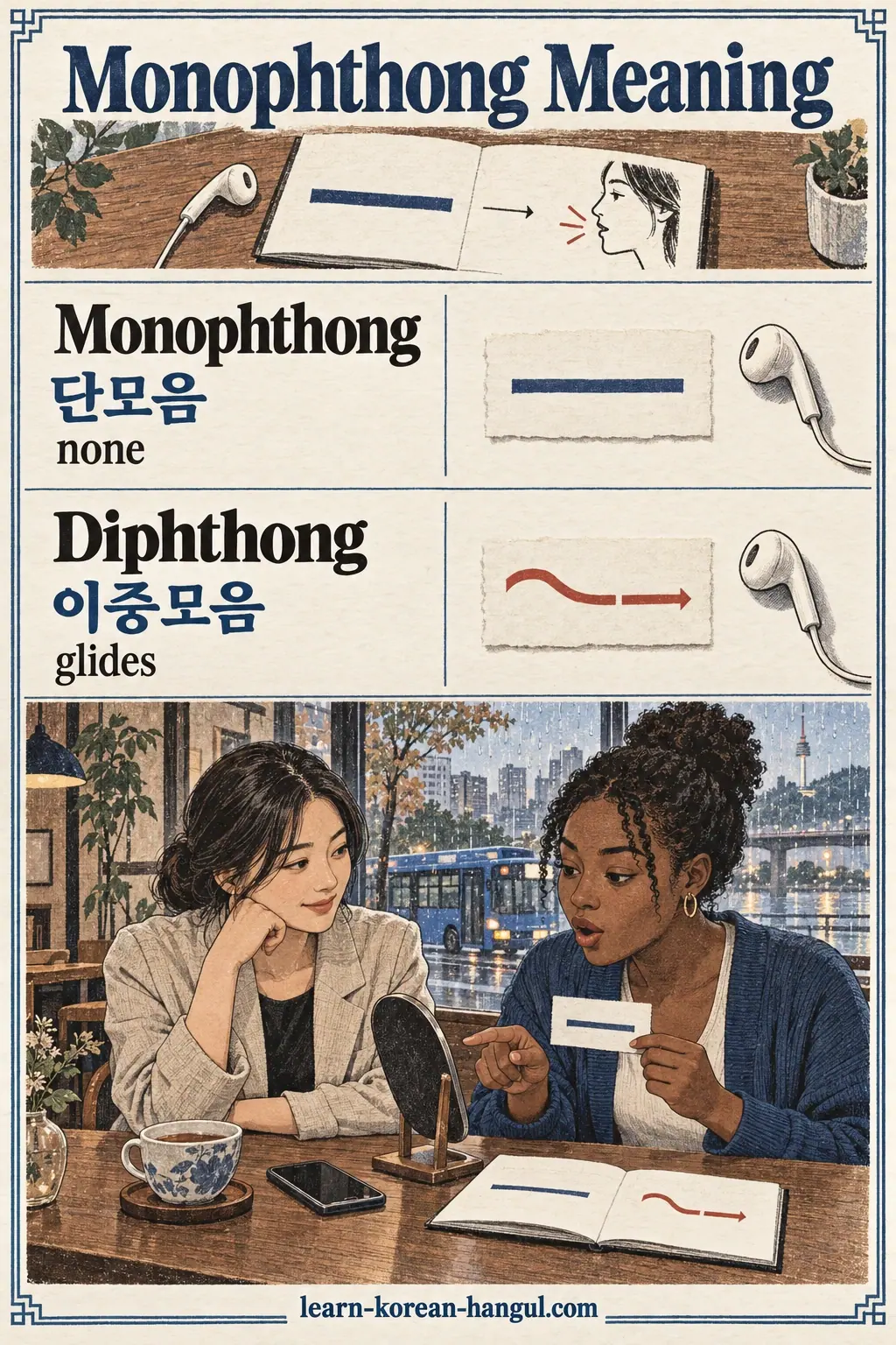Korean pronunciation examples: 단모음 / 이중모음.